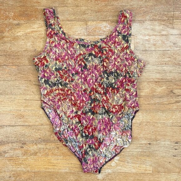 Vintage Stretch Lace Bodysuit Size Large 90s Victorias Secret Sheer Red Gold Pu - Picture 2 of 5